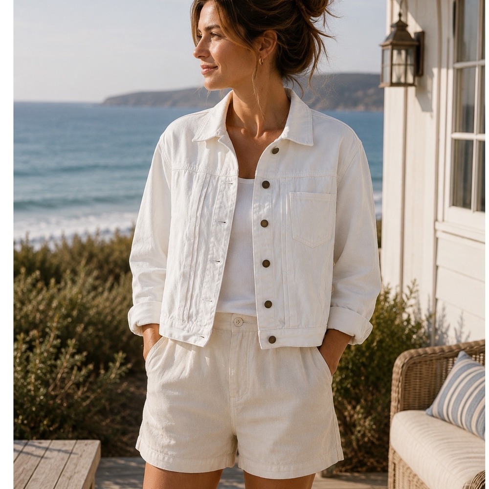 Tuckernuck Pomander Place White Denim Jacket Women L lightweight‎ Button Jean